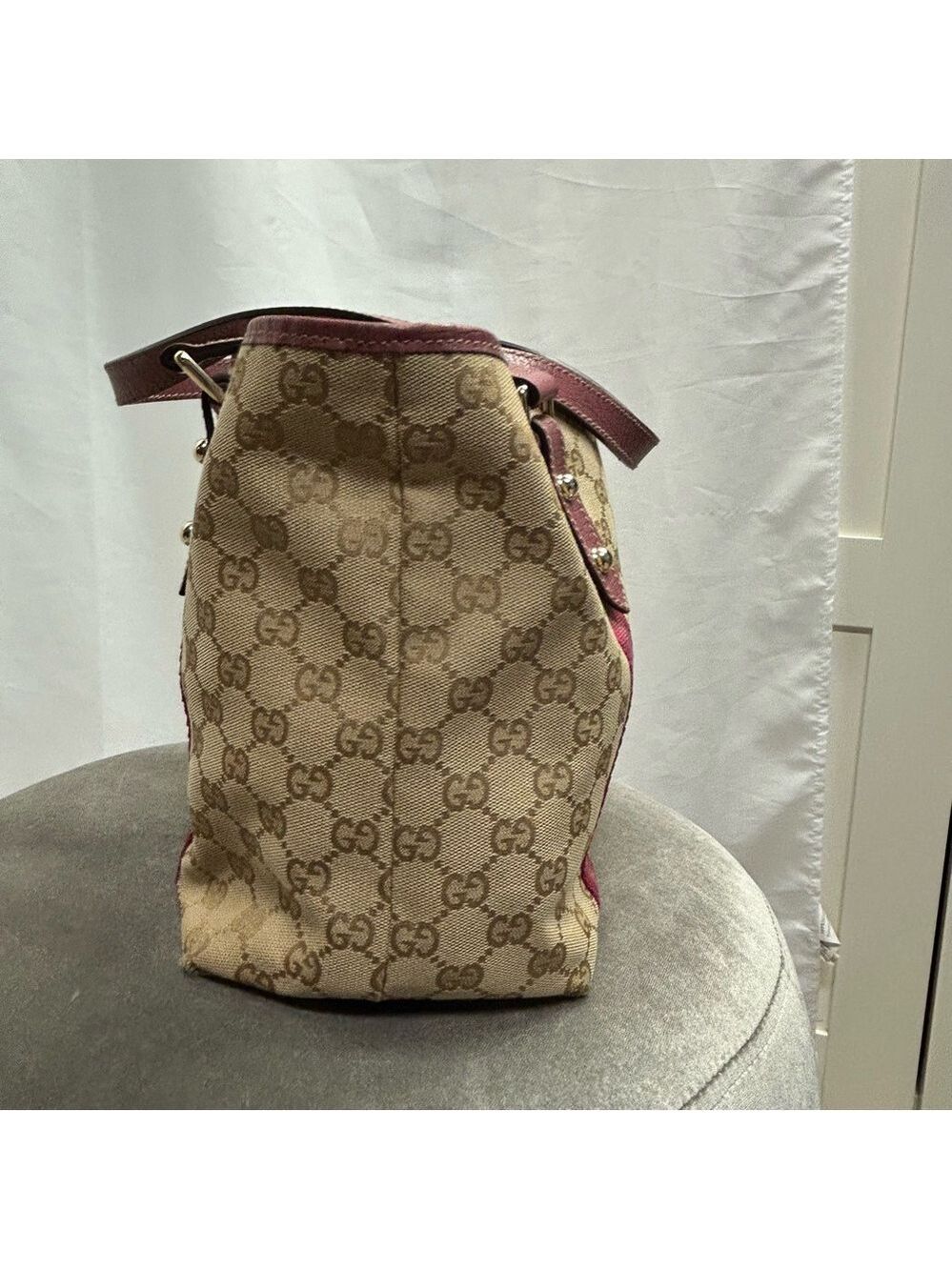 Gucci Authentic Pink Tan brown monogram GG Canvas Jolicoeur tote bag purse - Picture 8 of 17